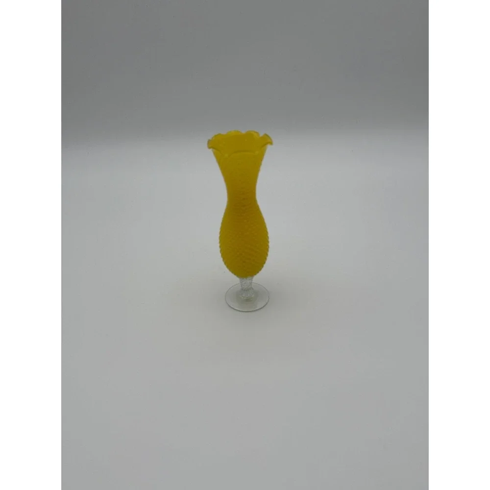 Vintage Yellow Satin Hobnail Glass Bud Vase Clear Twisted Stem‎ Ruffled Rim 10in